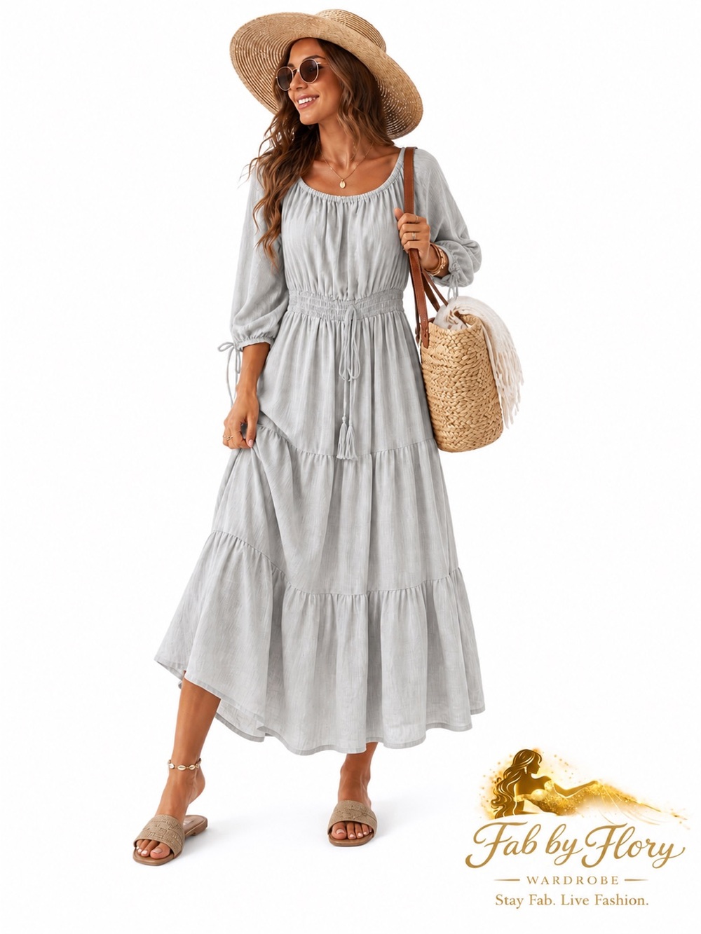 Endless Blue ✨ Women's Light Gray Tiered Peasant Dress
